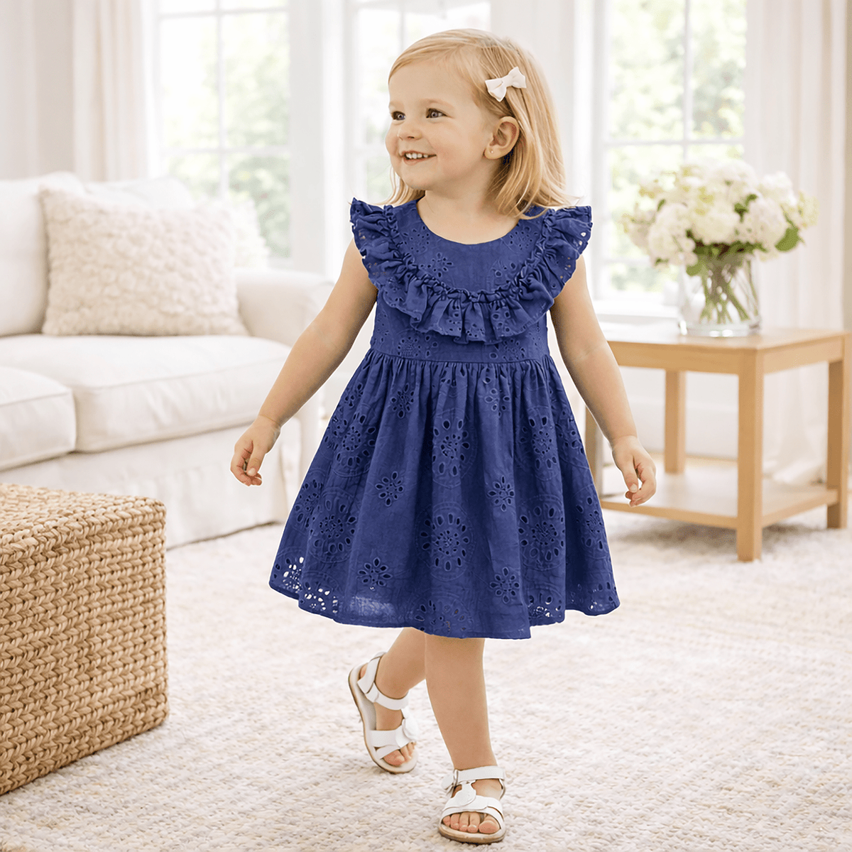 Girls' Eyelet Ruffle Dress - Cotton Blue Embroidered - Shop Avnu