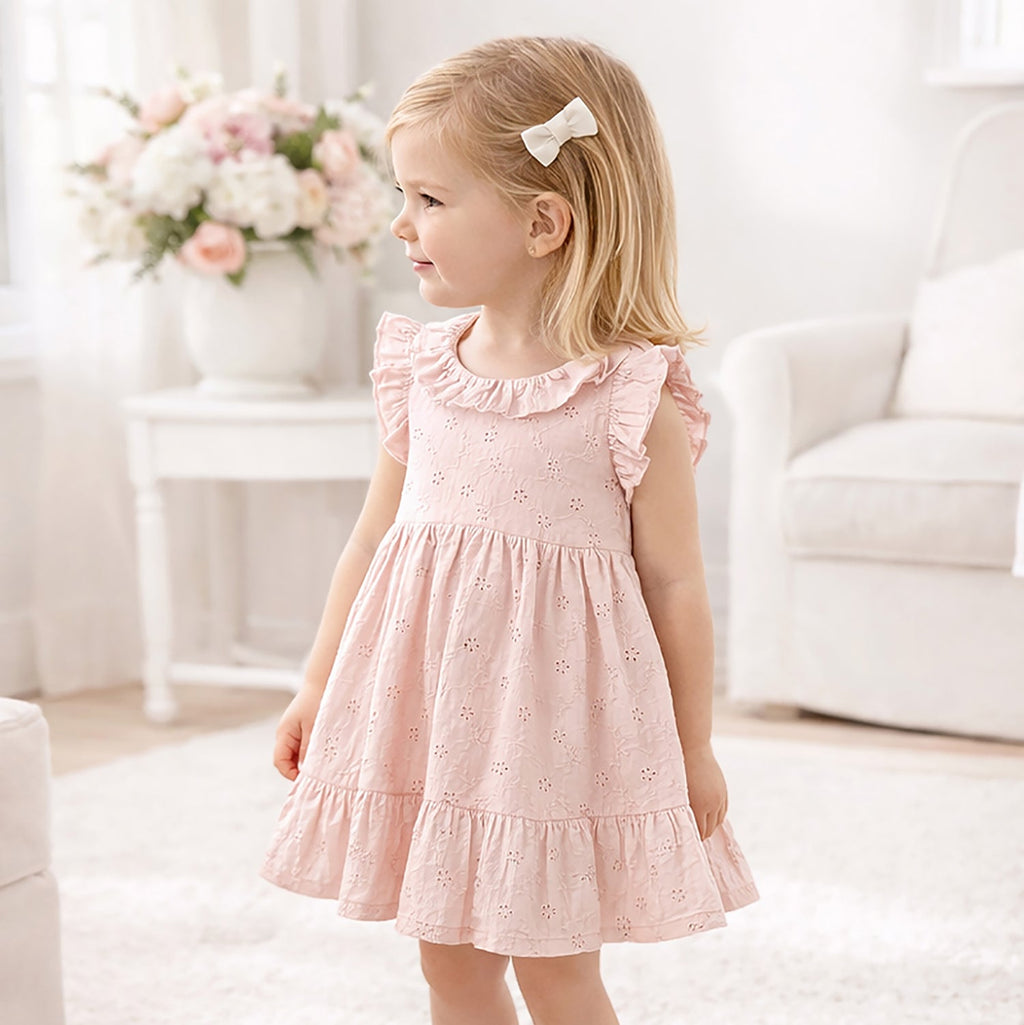 Eyelet Girl's Cotton Dress for Special Occasions - Pink - Shop Avnu