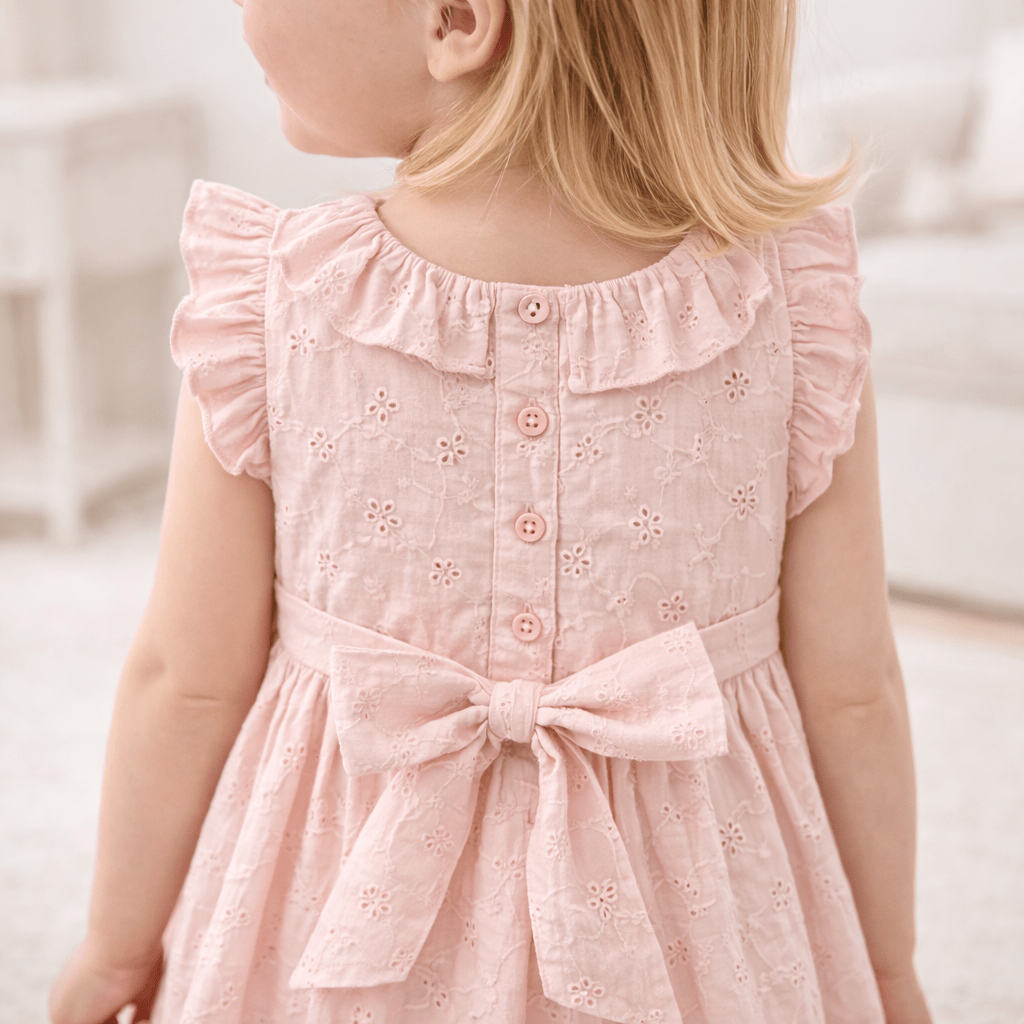 Eyelet Girl's Cotton Dress for Special Occasions - Pink - Shop Avnu