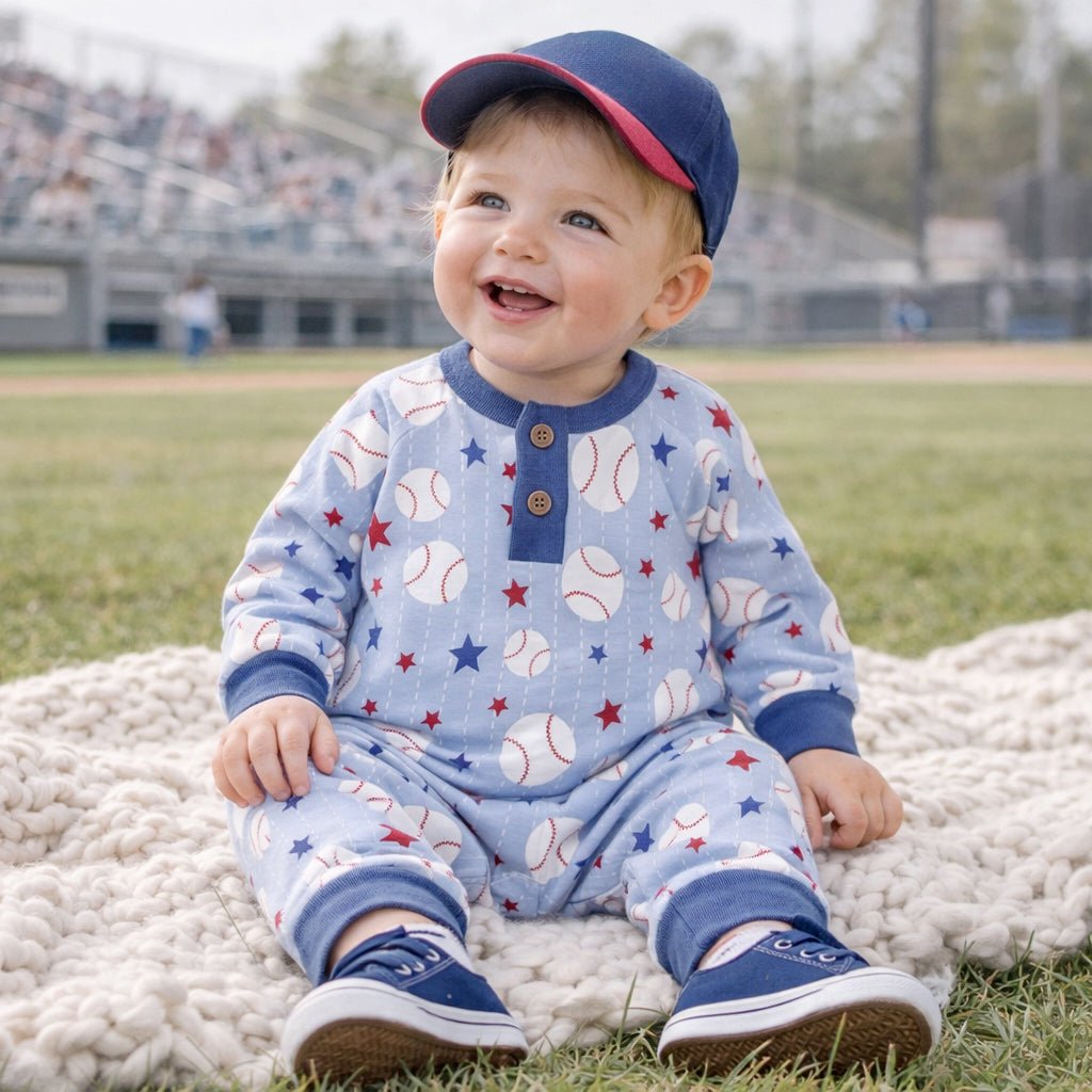 Grand Slam Bamboo Baseball Henley Romper for Baby Boys - Shop Avnu