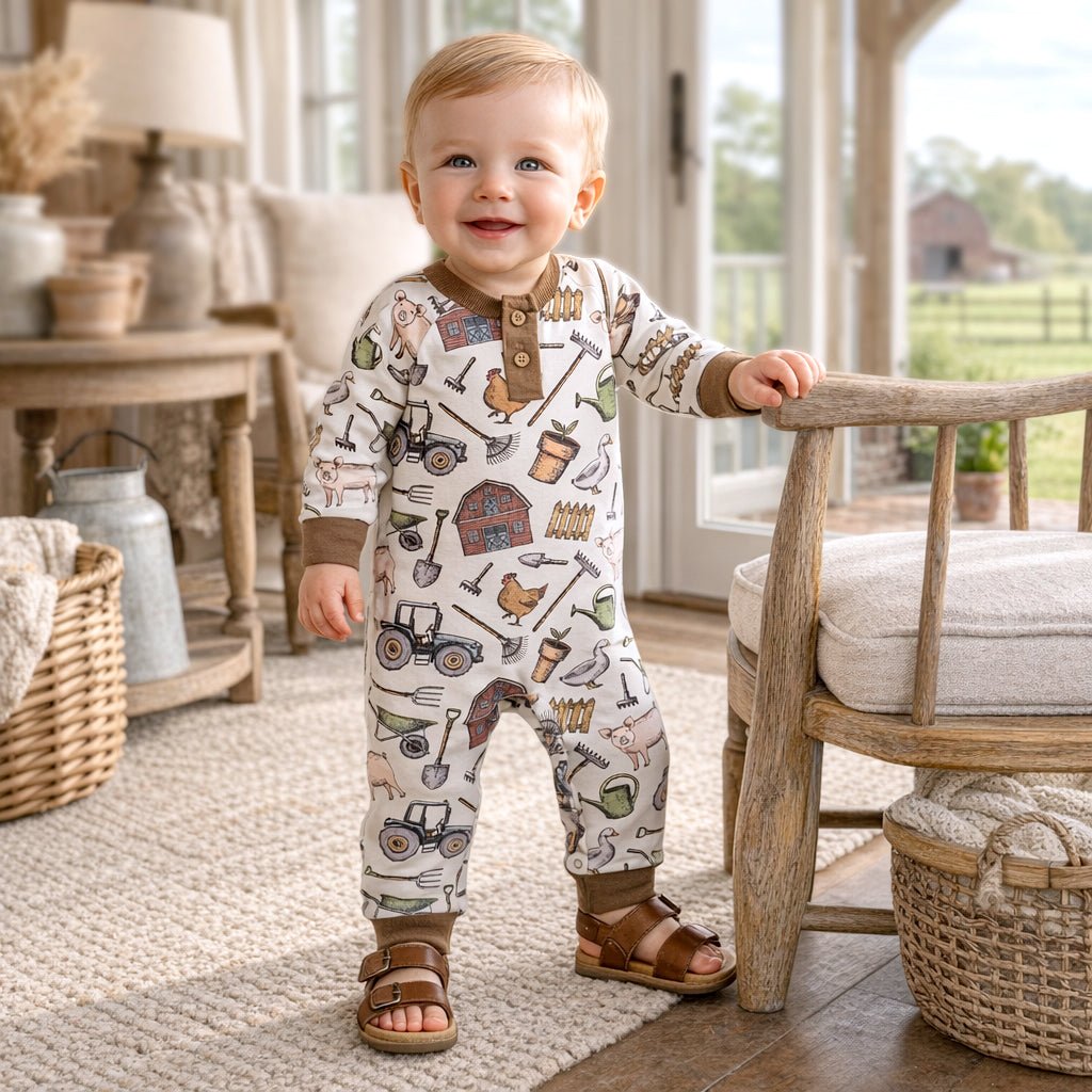 Farmer's Market Baby Henley Romper - Bamboo One Piece - Shop Avnu