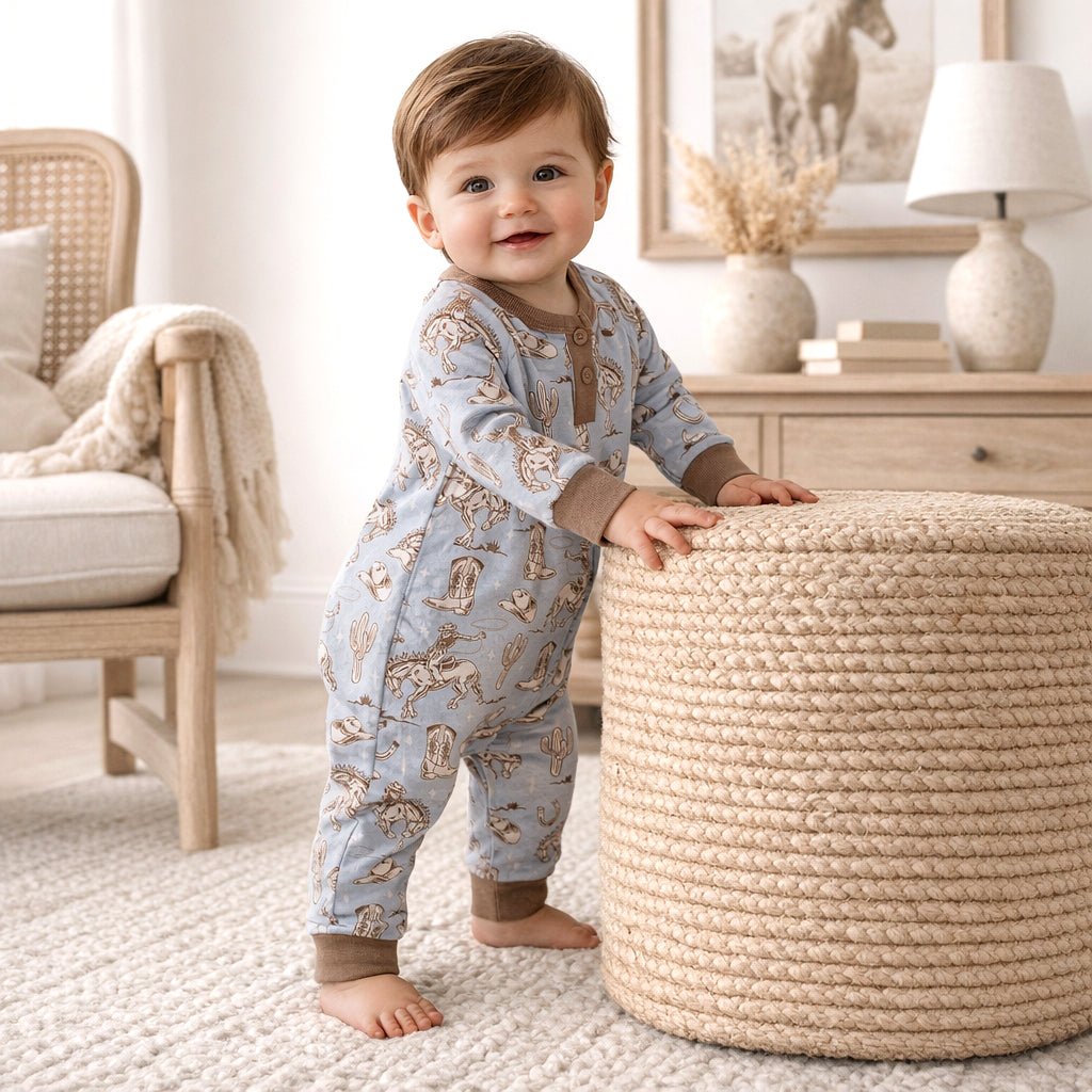 Wild Wrangler/Blue Western Bamboo Henley Cowboy Romper - Shop Avnu