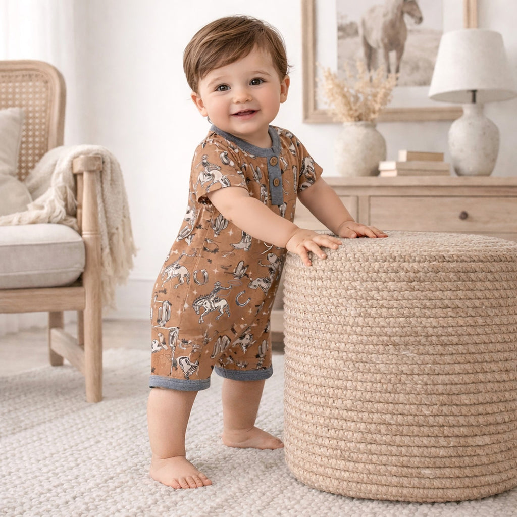 Wild Wrangler/Brown Western Bamboo Shorty Romper for Boys - Shop Avnu