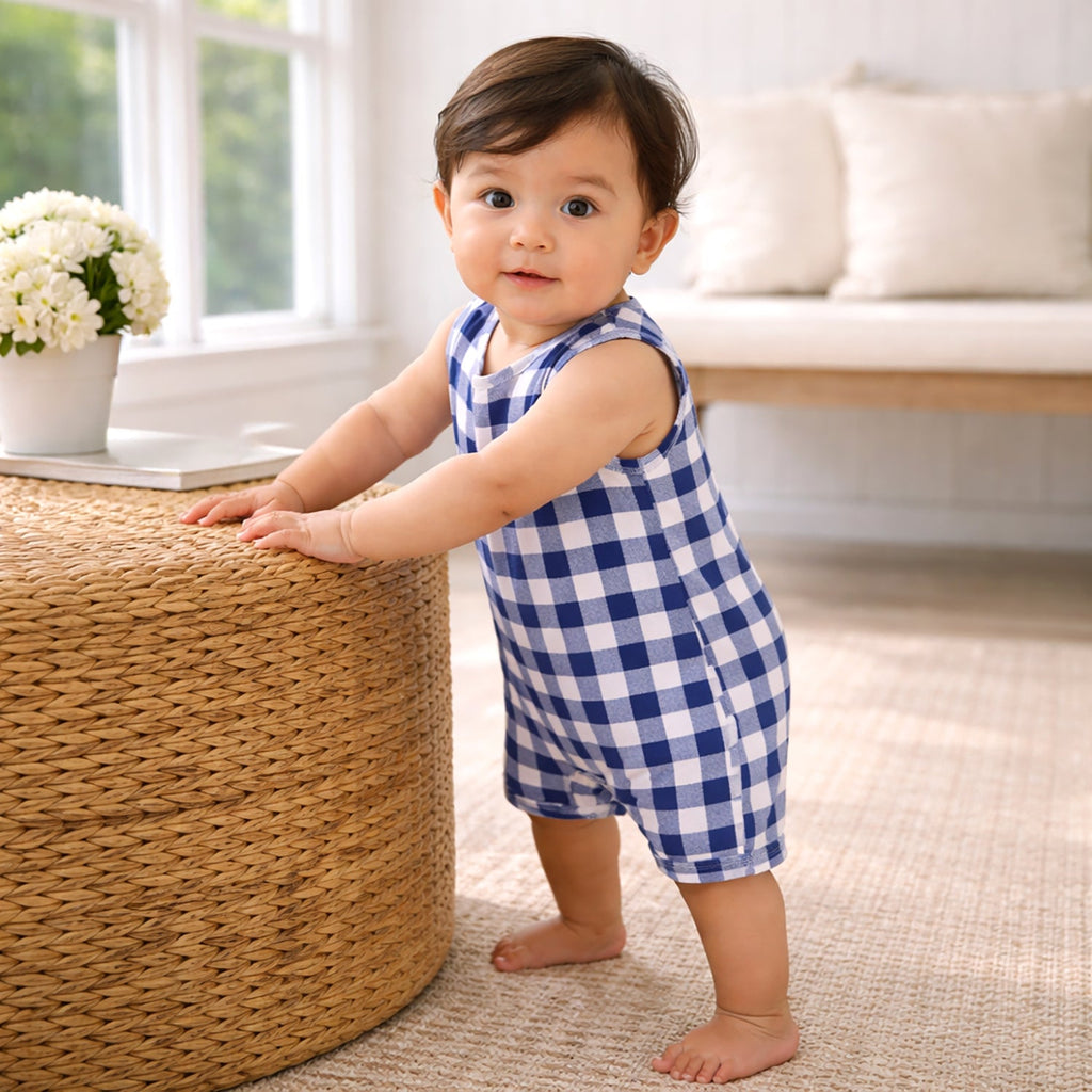 Picnic Plaid Soft Bamboo Sleeveless Baby Shortall Romper - Shop Avnu
