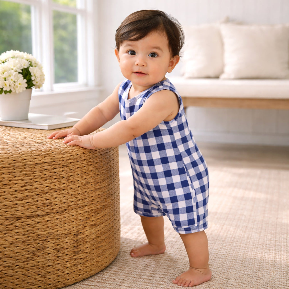 Picnic Plaid Soft Bamboo Sleeveless Baby Shortall Romper - Shop Avnu