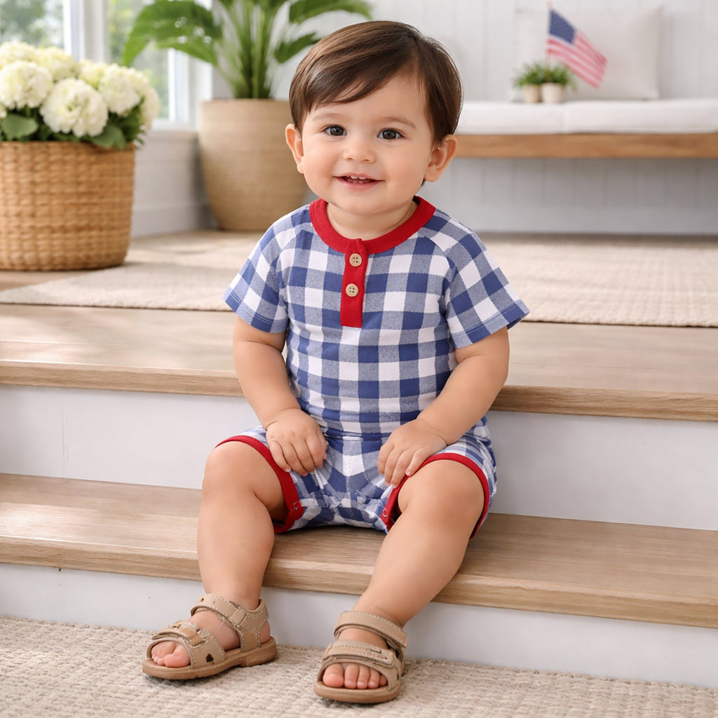 Picnic Plaid Bamboo Henley Shortall Romper for Baby Boys - Shop Avnu