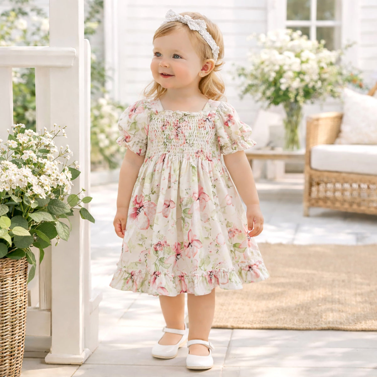 Blush Bouquet Smocked Bodice Puff Sleeve Dress - Shop Avnu