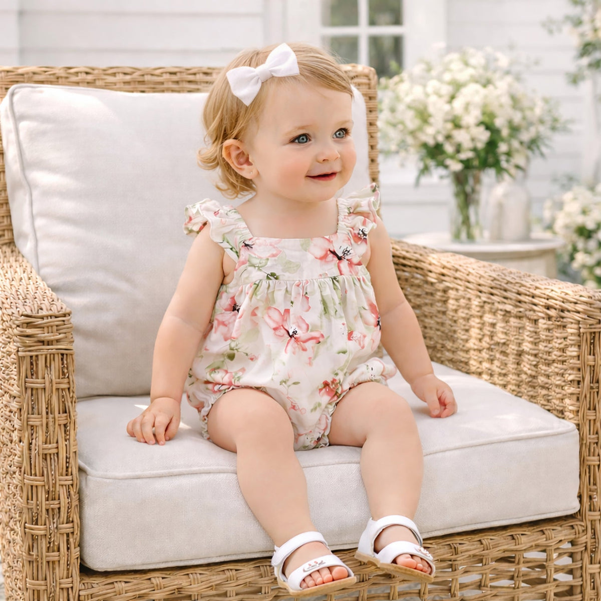 Blush Bouquet Baby Girl Floral Cotton Linen Sunsuit - Shop Avnu