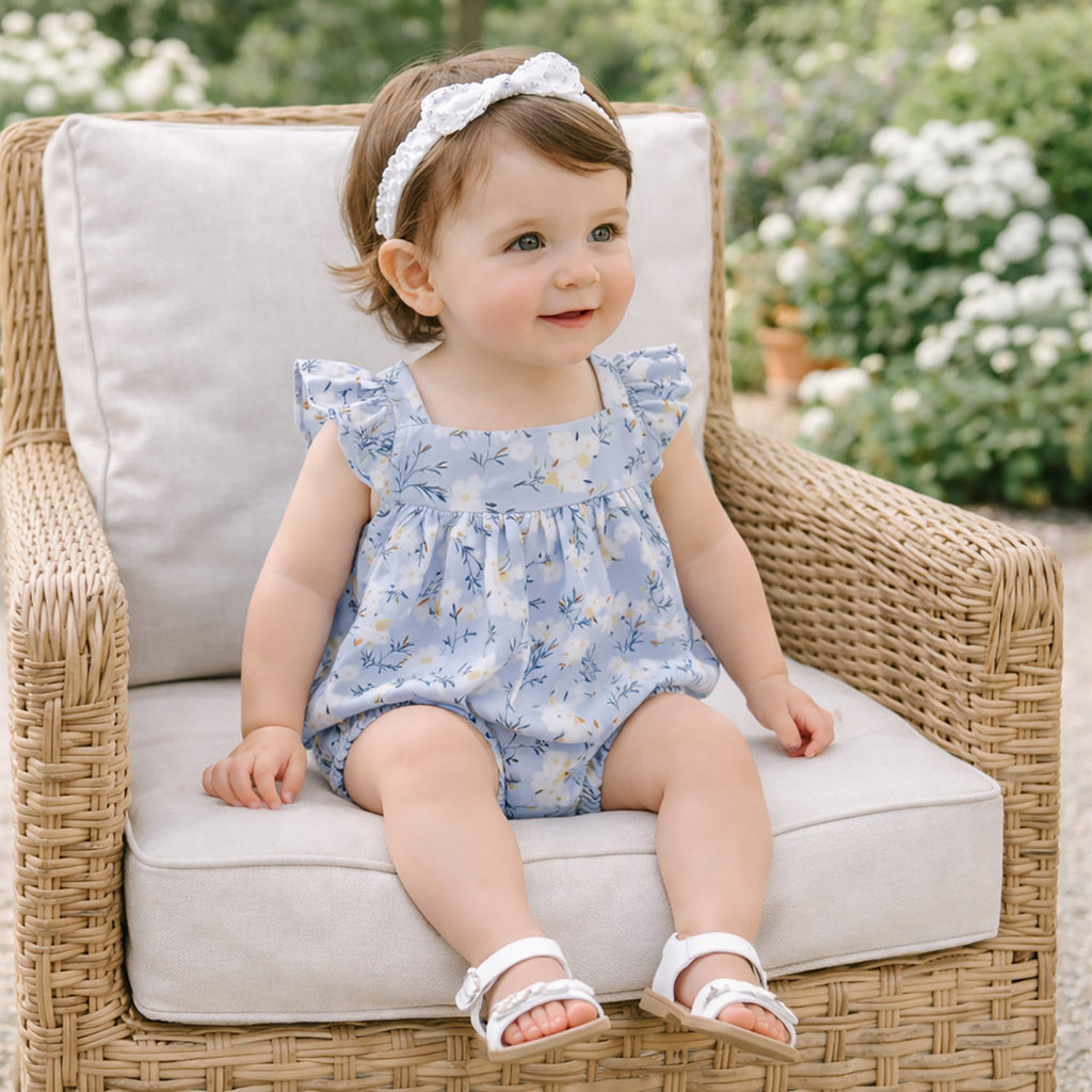 Baby Girl Blue Floral Bubble Romper – Cotton Linen Sunsuit - Shop Avnu