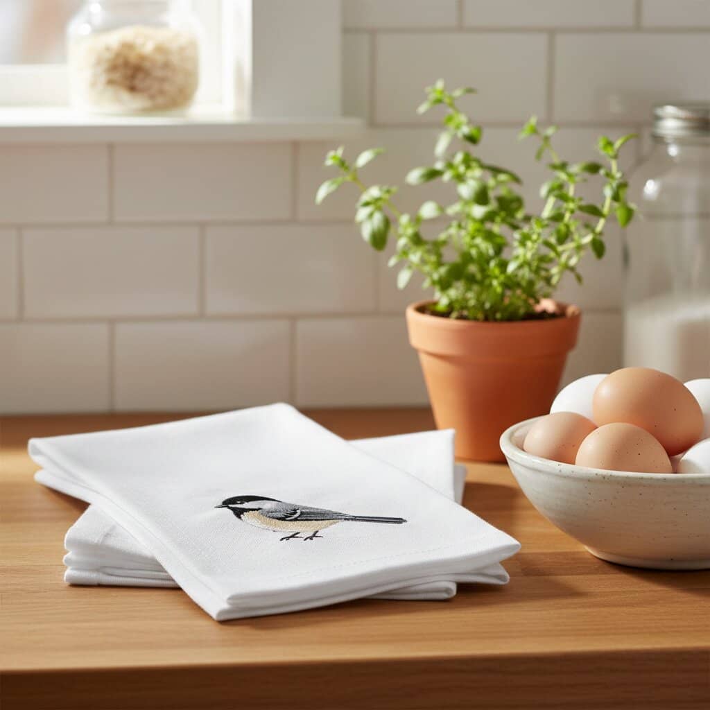 100% Cotton Tea Towels with Bird Embroidery - Kitchen Towels