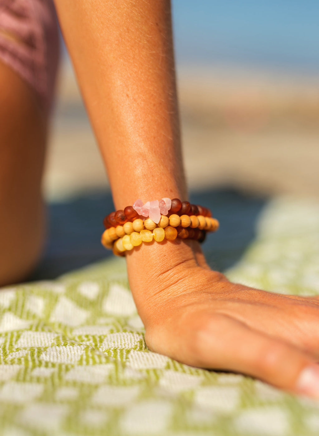 Raw Cognac Baltic Amber + Raw Rose Quartz || Adult Bracelet