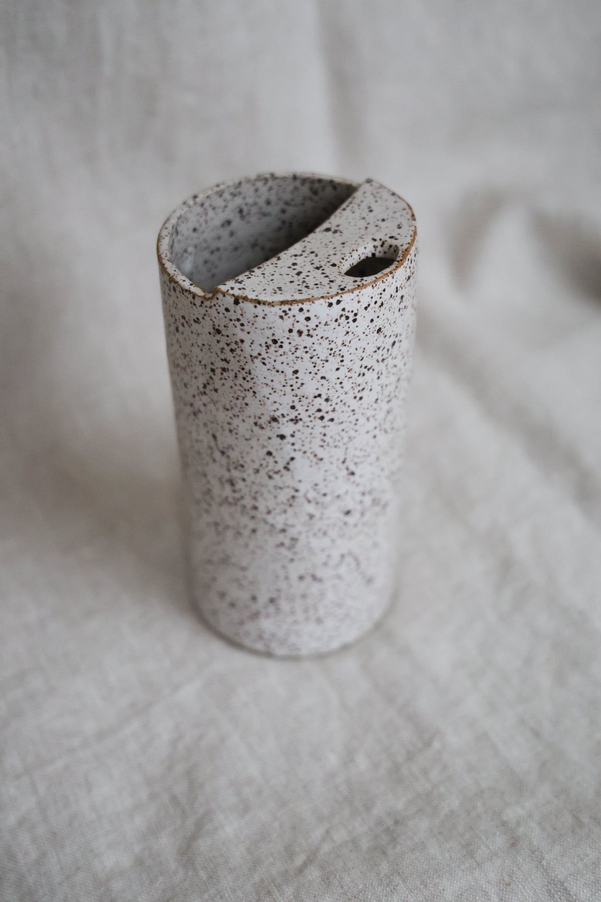 Matte White Speckled To Go Cup, Travel Mug, Mustache Saver, Ceramic Stoneware Hand Thrown in Gorham Maine 14-16oz.