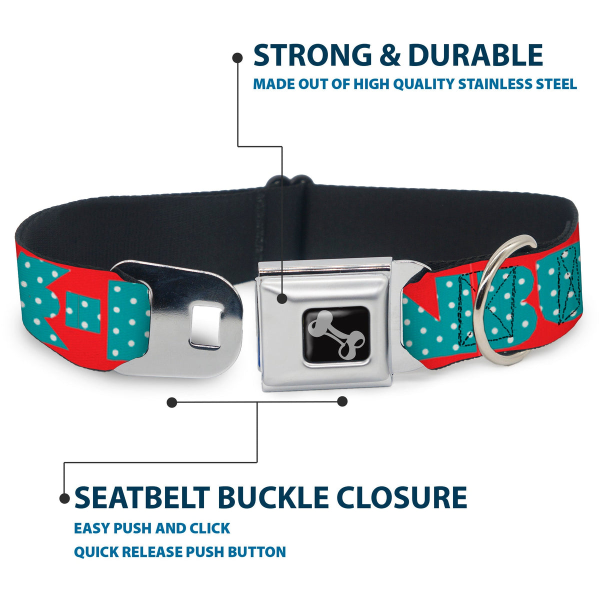 Dog Bone Seatbelt Buckle Collar - BUCKLE-DOWN Shapes Red/Dot Turquoise/White