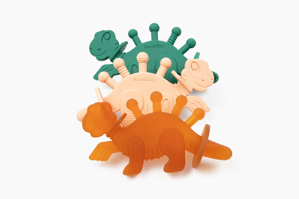 Dibly - Green - Baltic Amber & Natural Rubber Dinosaur Teether with Toothbrush Tail - Shop Avnu