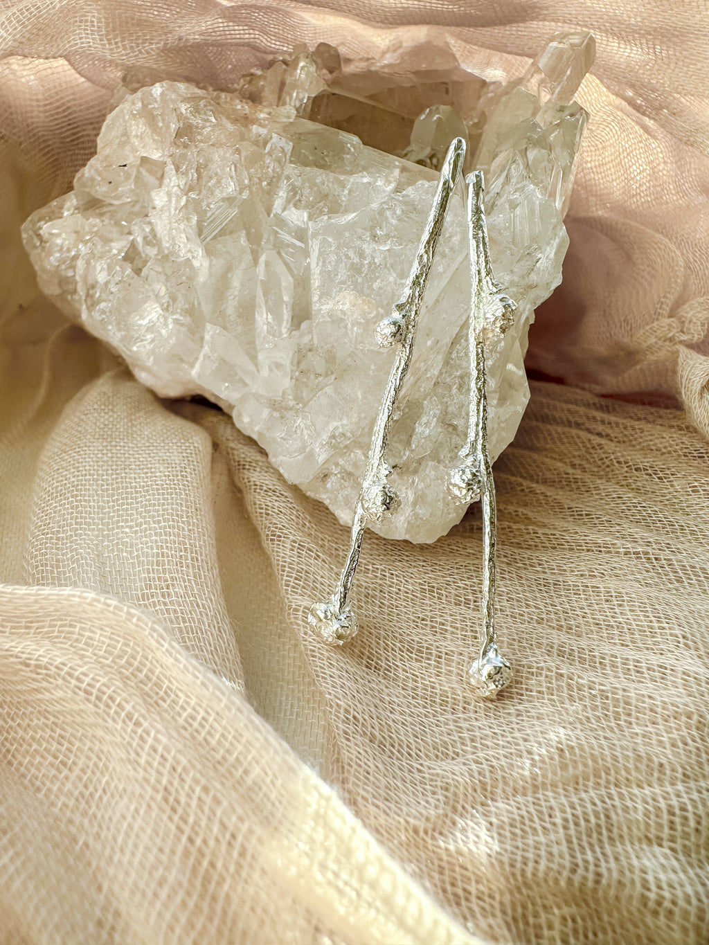Budding Sprigs, elegant, earthy twig earrings studs with organic textures recycled sterling silver, Maine jewelry