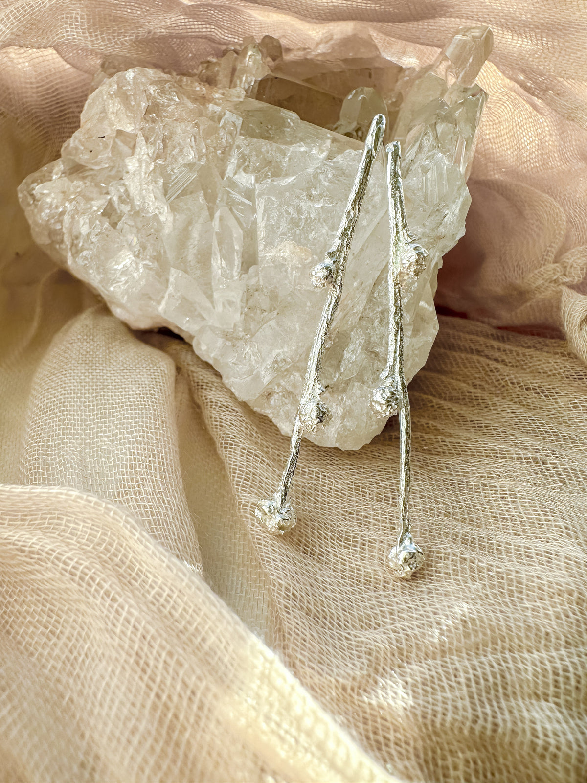 Budding Sprigs, elegant, earthy twig earrings studs with organic textures recycled sterling silver, Maine jewelry