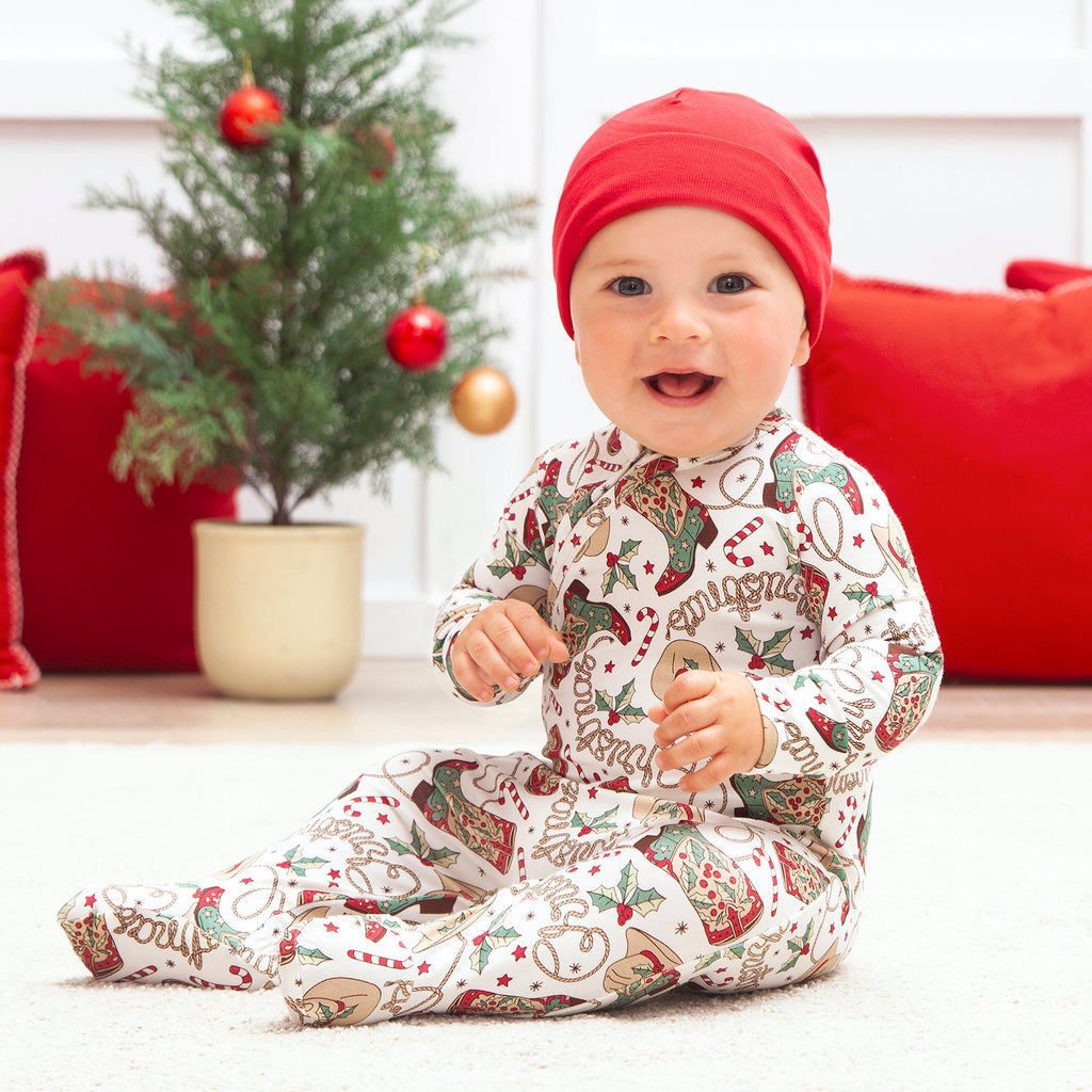 Western Christmas Baby Bamboo Zipper Romper - Cowboy Holiday - Shop Avnu