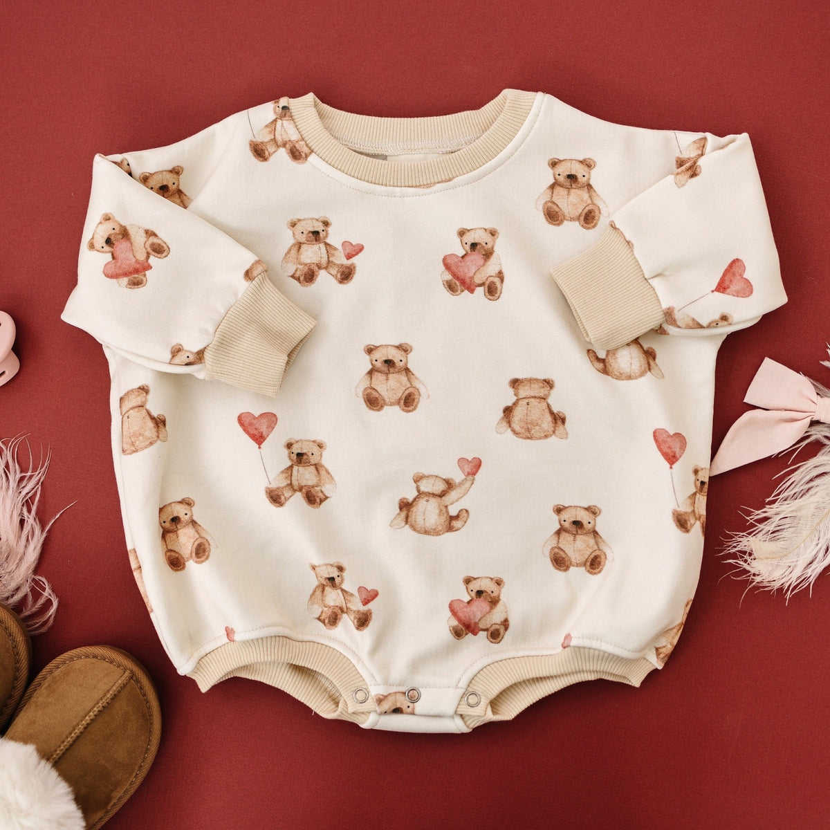 Teddy Bear Hearts Sweatshirt Romper - Shop Avnu