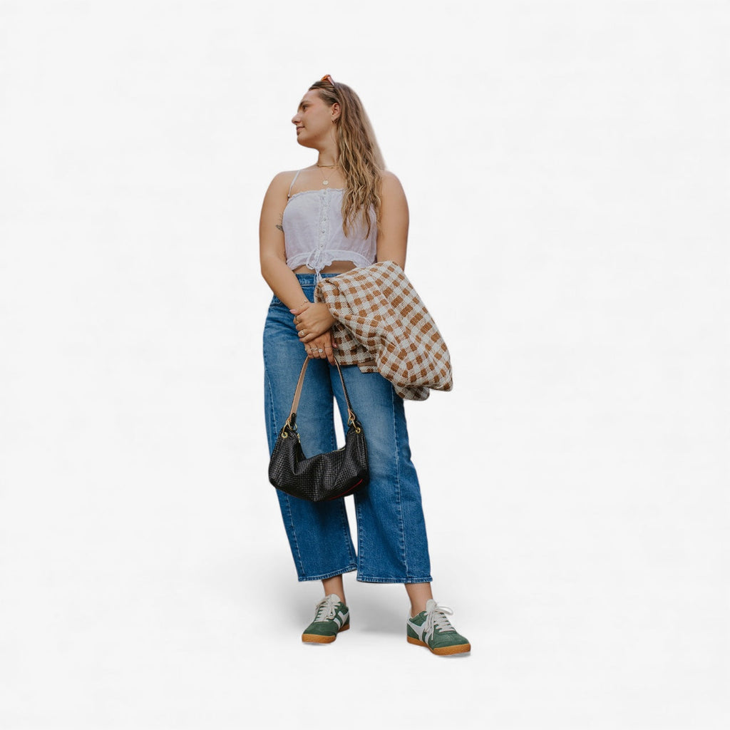 Blair-East West Shoulder Bag, Black Woven Leather