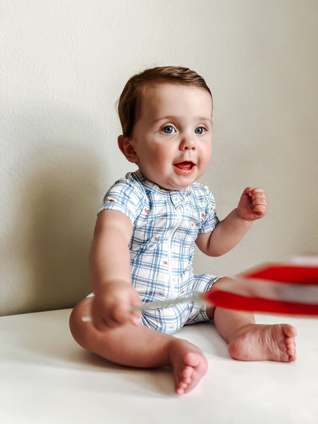 Stars Gingham Bamboo Shorty Romper - Shop Avnu