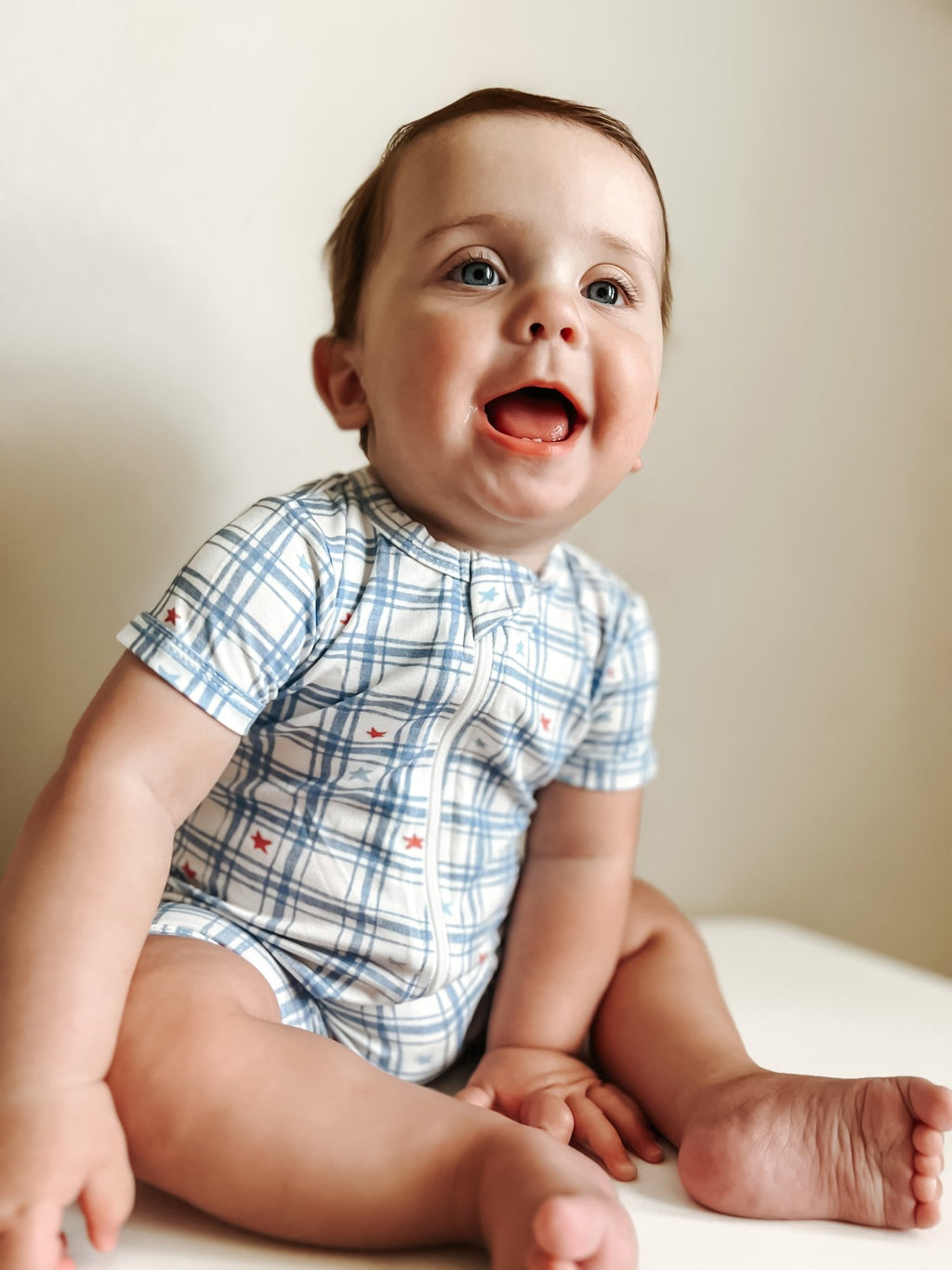 Stars Gingham Bamboo Shorty Romper - Shop Avnu