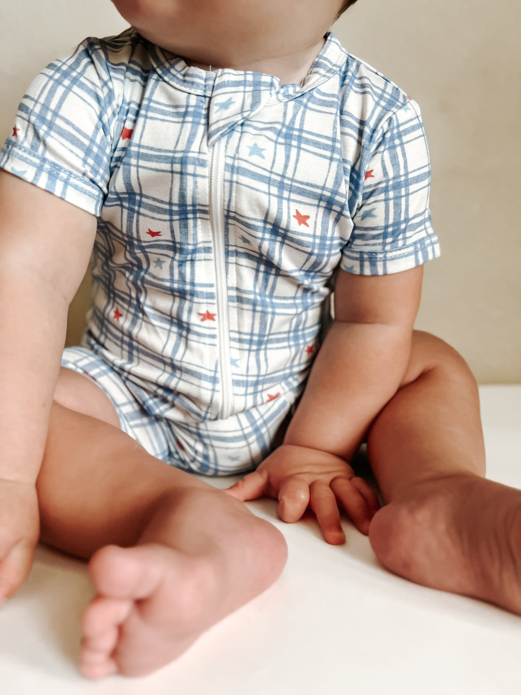 Stars Gingham Bamboo Shorty Romper - Shop Avnu