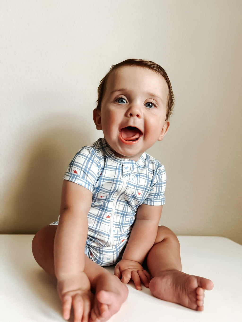 Stars Gingham Bamboo Shorty Romper - Shop Avnu