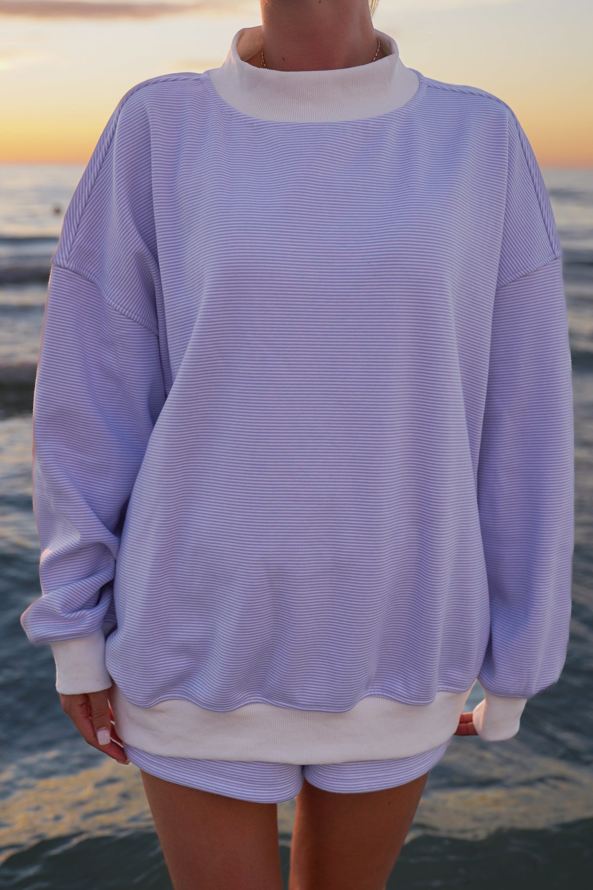 Blue and White Mini Striped Mockneck Sweatshirt