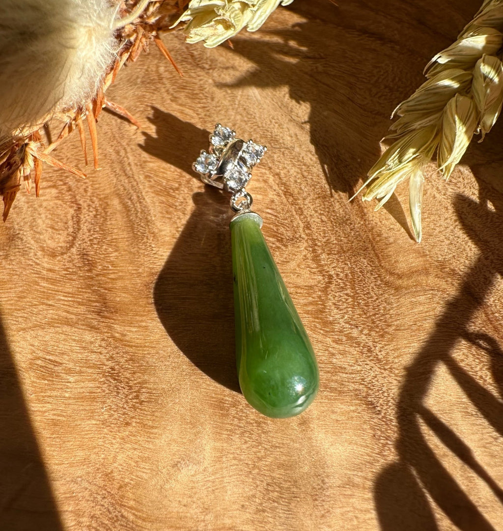 Canadian Nephrite Green Jade and Silver Drop Pendant - 5861 - Shop Avnu