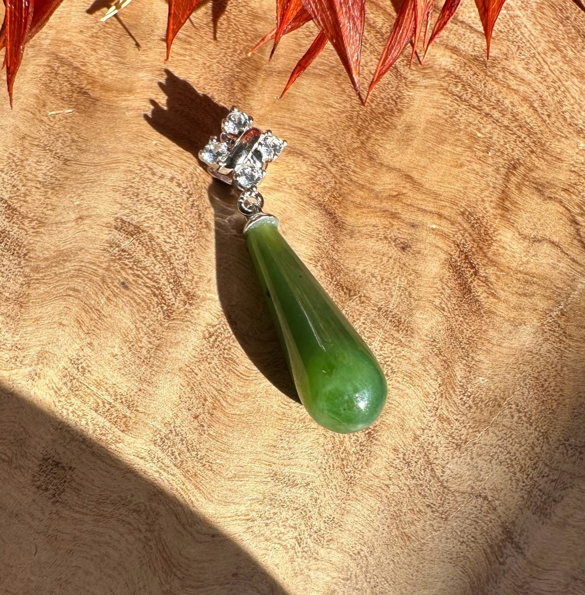 Canadian Nephrite Green Jade and Silver Drop Pendant - 5861 - Shop Avnu