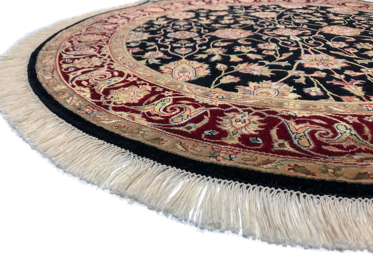 Indo-Tabriz Wool & Silk blk/dkred 4' round