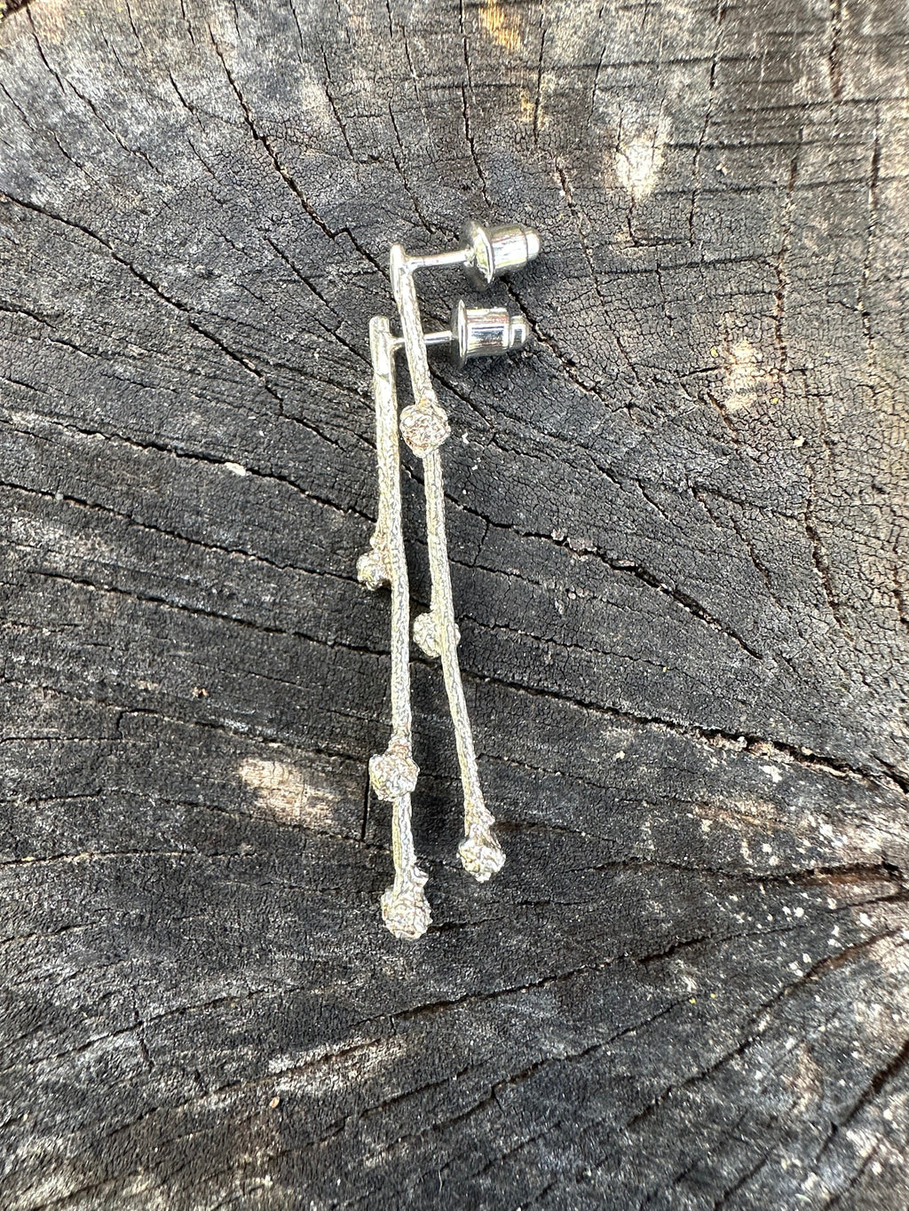 Budding Sprigs, elegant, earthy twig earrings studs with organic textures recycled sterling silver, Maine jewelry