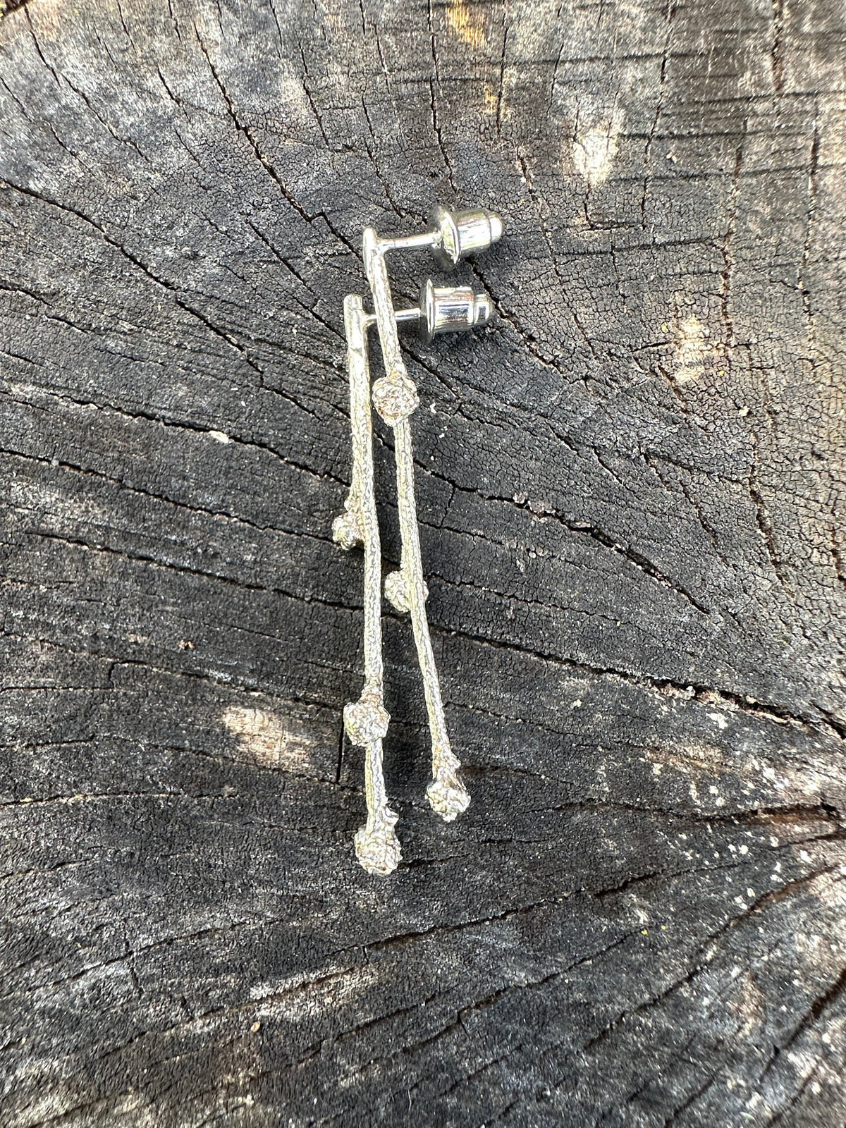 Budding Sprigs, elegant, earthy twig earrings studs with organic textures recycled sterling silver, Maine jewelry