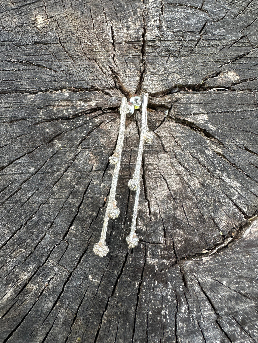 Budding Sprigs, elegant, earthy twig earrings studs with organic textures recycled sterling silver, Maine jewelry