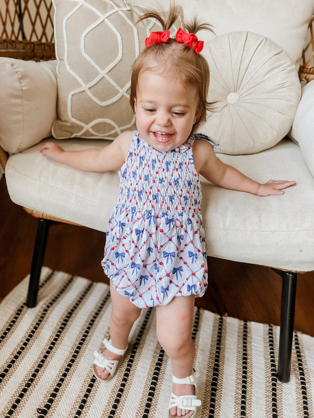 Smocked Red, White and Bows Bamboo Bubble Romper - Shop Avnu