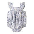 Baby Girl Blue Floral Bubble Romper – Cotton Linen Sunsuit - Shop Avnu