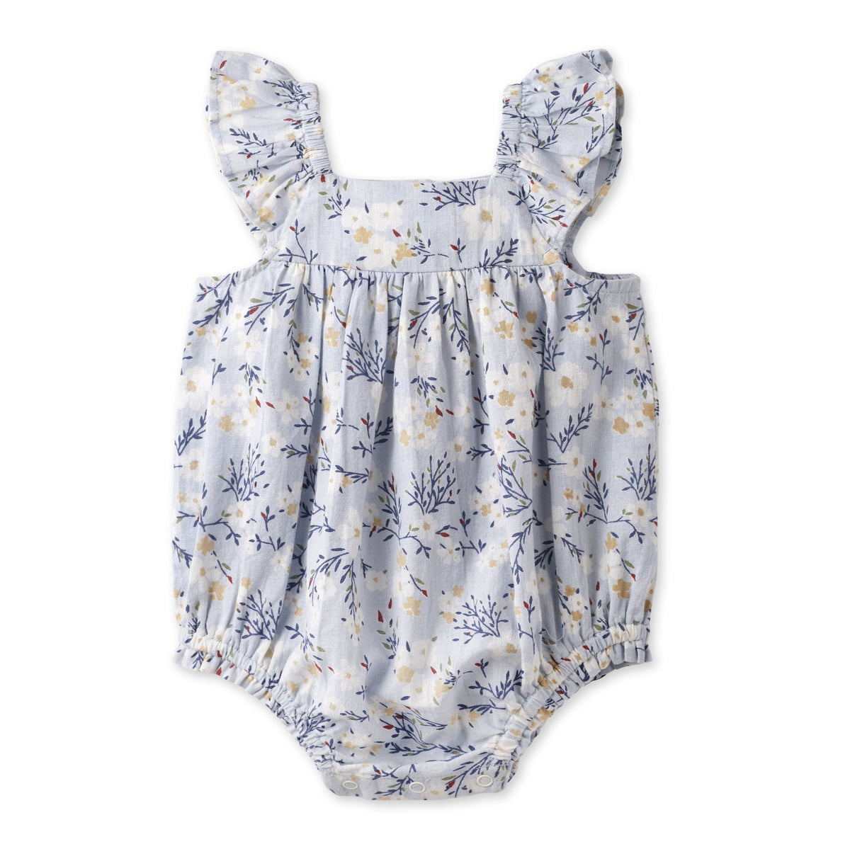 Baby Girl Blue Floral Bubble Romper – Cotton Linen Sunsuit - Shop Avnu