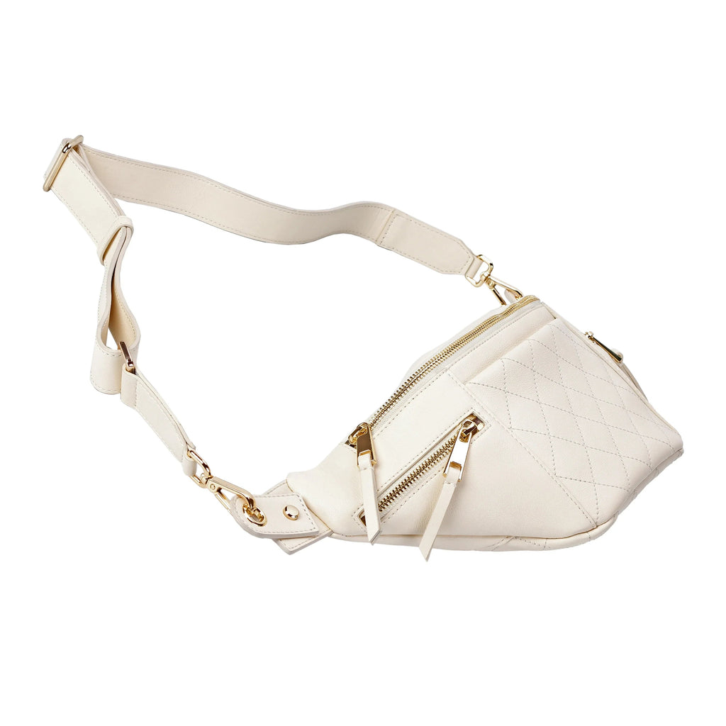 White Quilted Leather Belt Bag with Dual Top Zippers