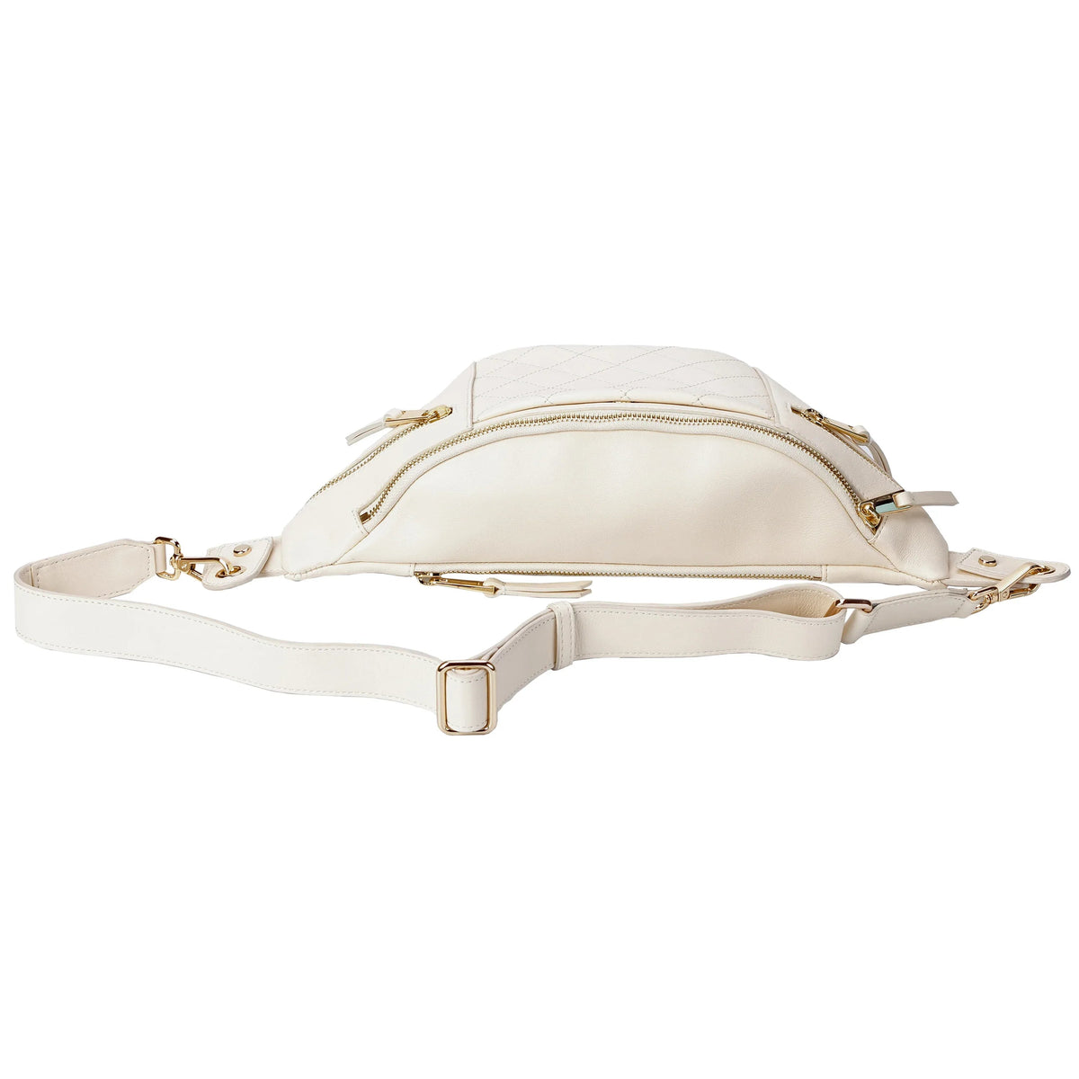 White Quilted Leather Belt Bag with Dual Top Zippers