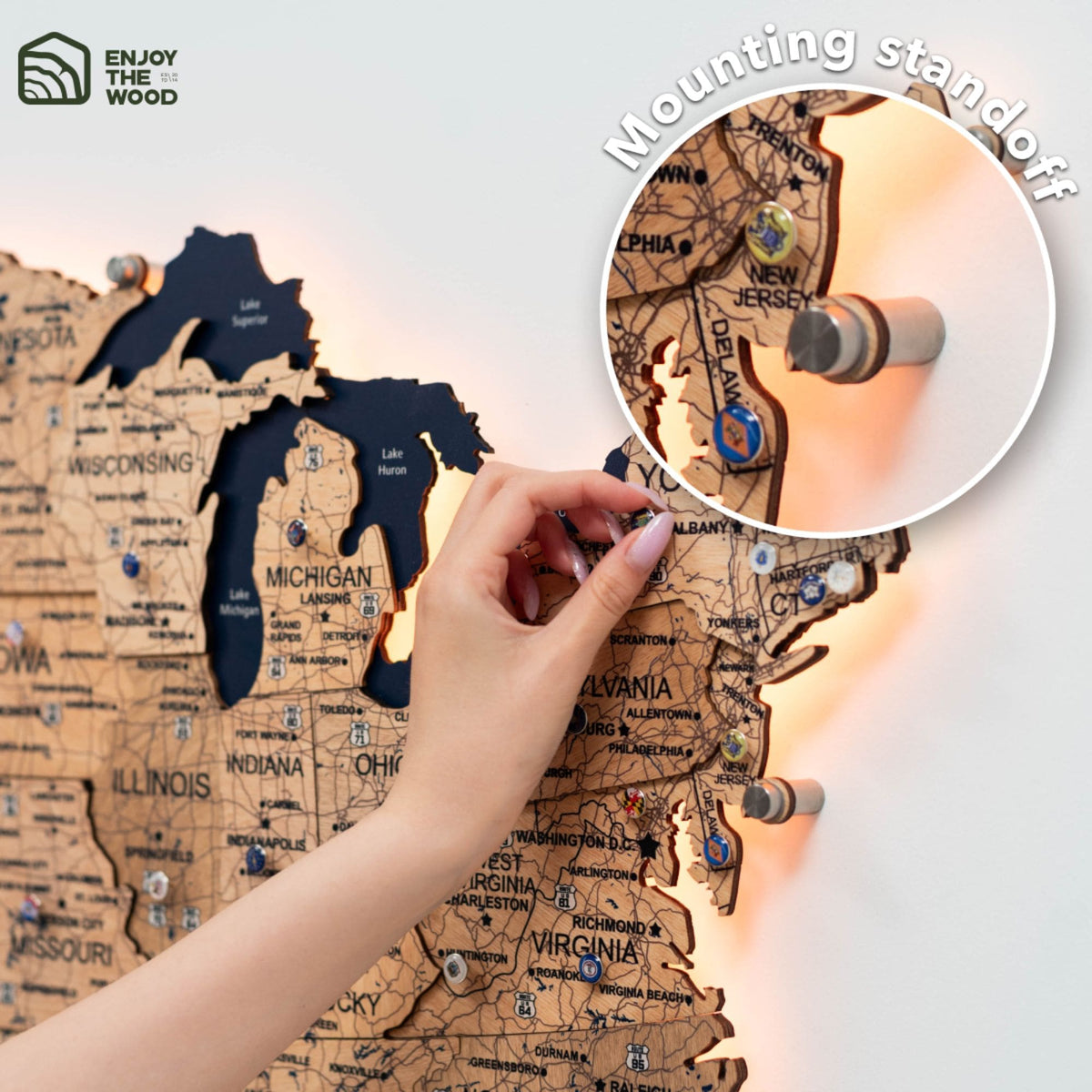 Wooden 3d LED Map of USA  - Gold