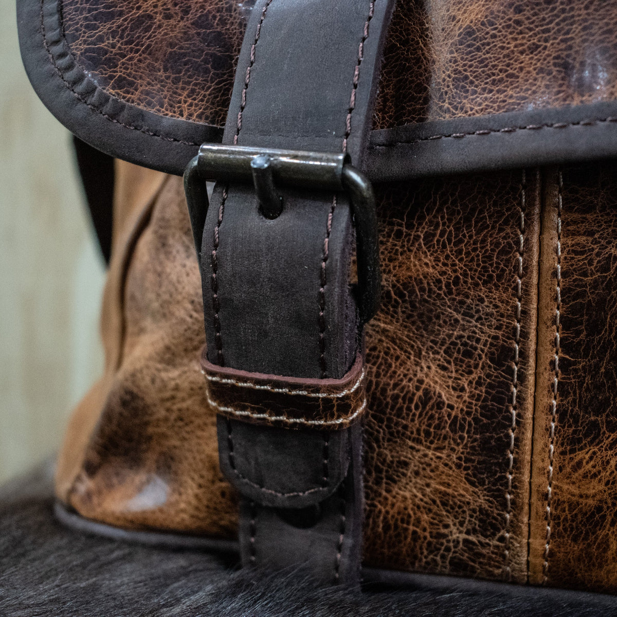 Leather Hide Laptop Bag - Rustic Chestnut and Dark Brown (Buckles)
