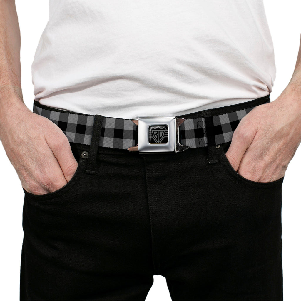 BD Wings Logo CLOSE-UP Full Color Black Silver Seatbelt Belt - Buffalo Plaid Black/Gray Webbing