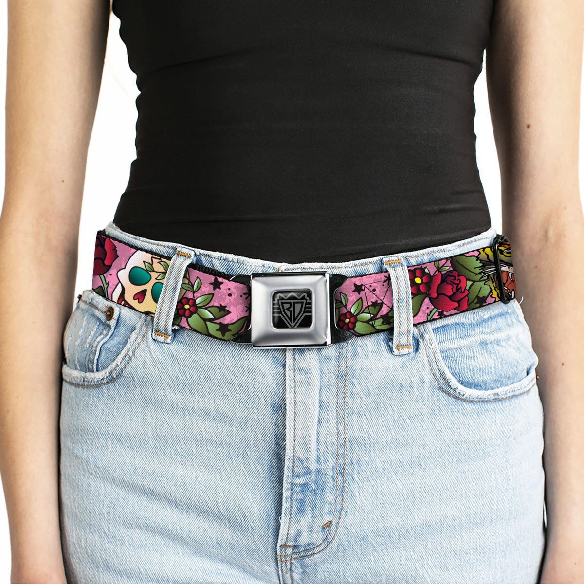BD Wings Logo CLOSE-UP Full Color Black Silver Seatbelt Belt - Death Before Dishonor Pink Webbing