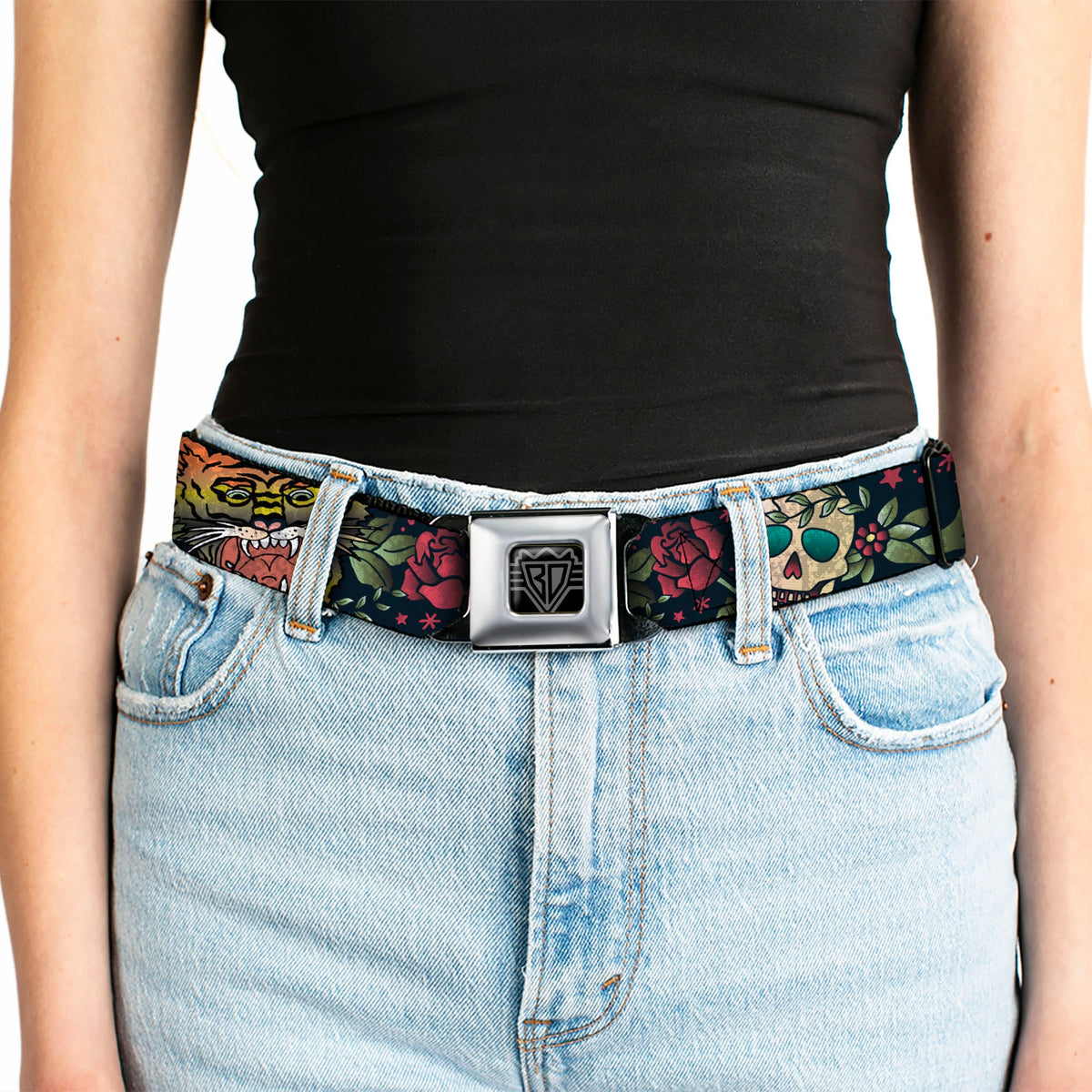 BD Wings Logo CLOSE-UP Full Color Black Silver Seatbelt Belt - Death Before Dishonor CLOSE-UP Black Webbing