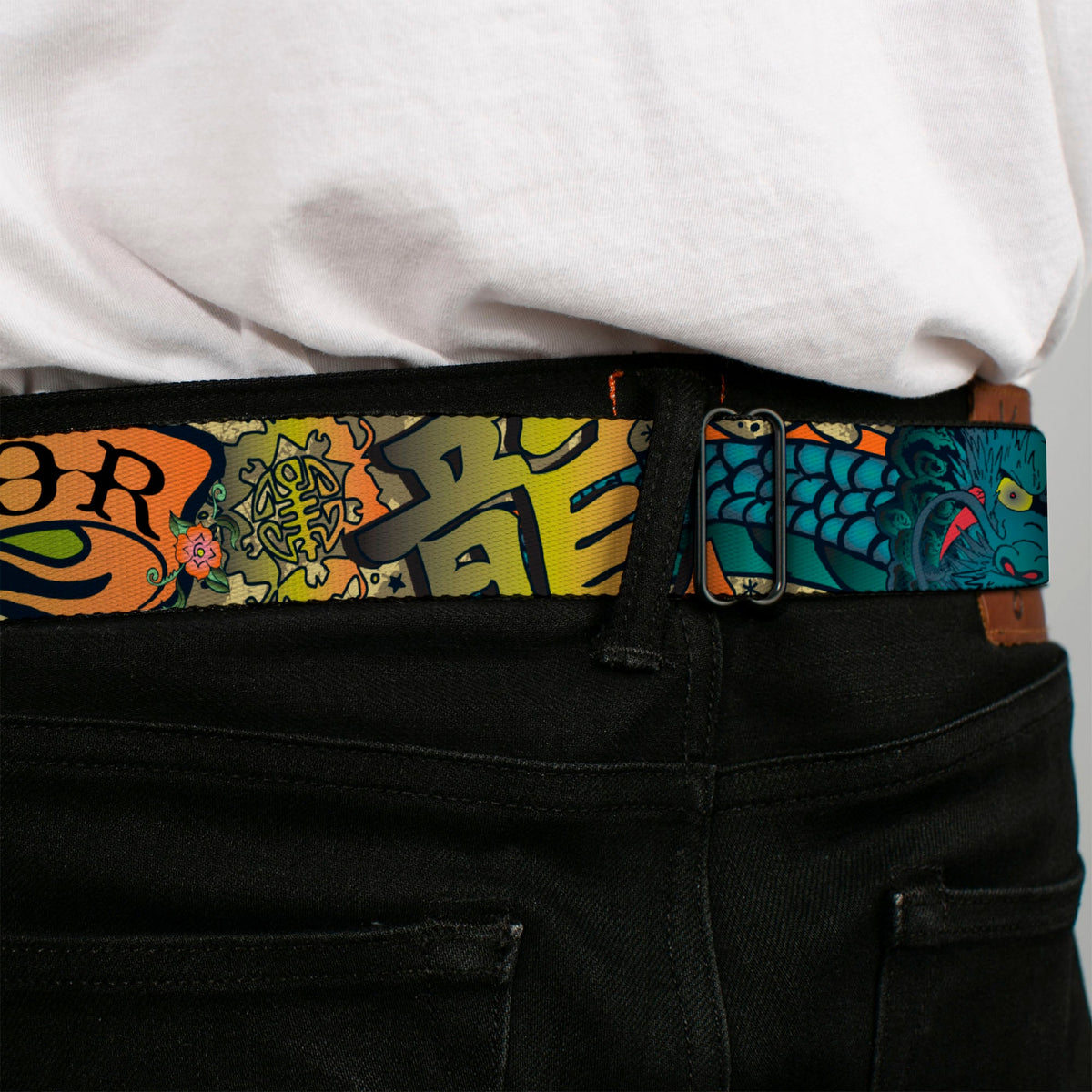 BD Wings Logo CLOSE-UP Full Color Black Silver Seatbelt Belt - Honor Tan Webbing