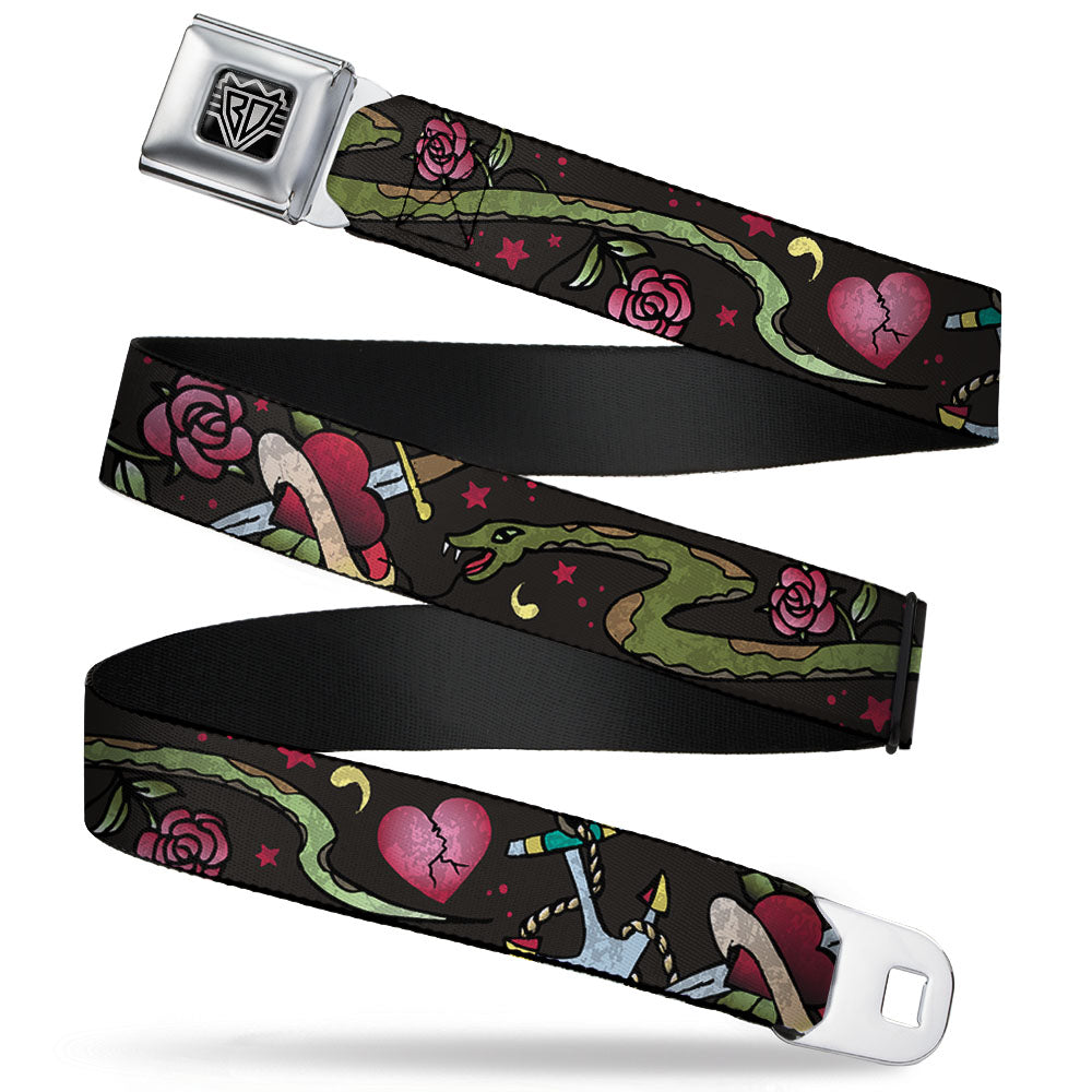 BD Wings Logo CLOSE-UP Full Color Black Silver Seatbelt Belt - Live Hard Die Young CLOSE-UP Black Webbing