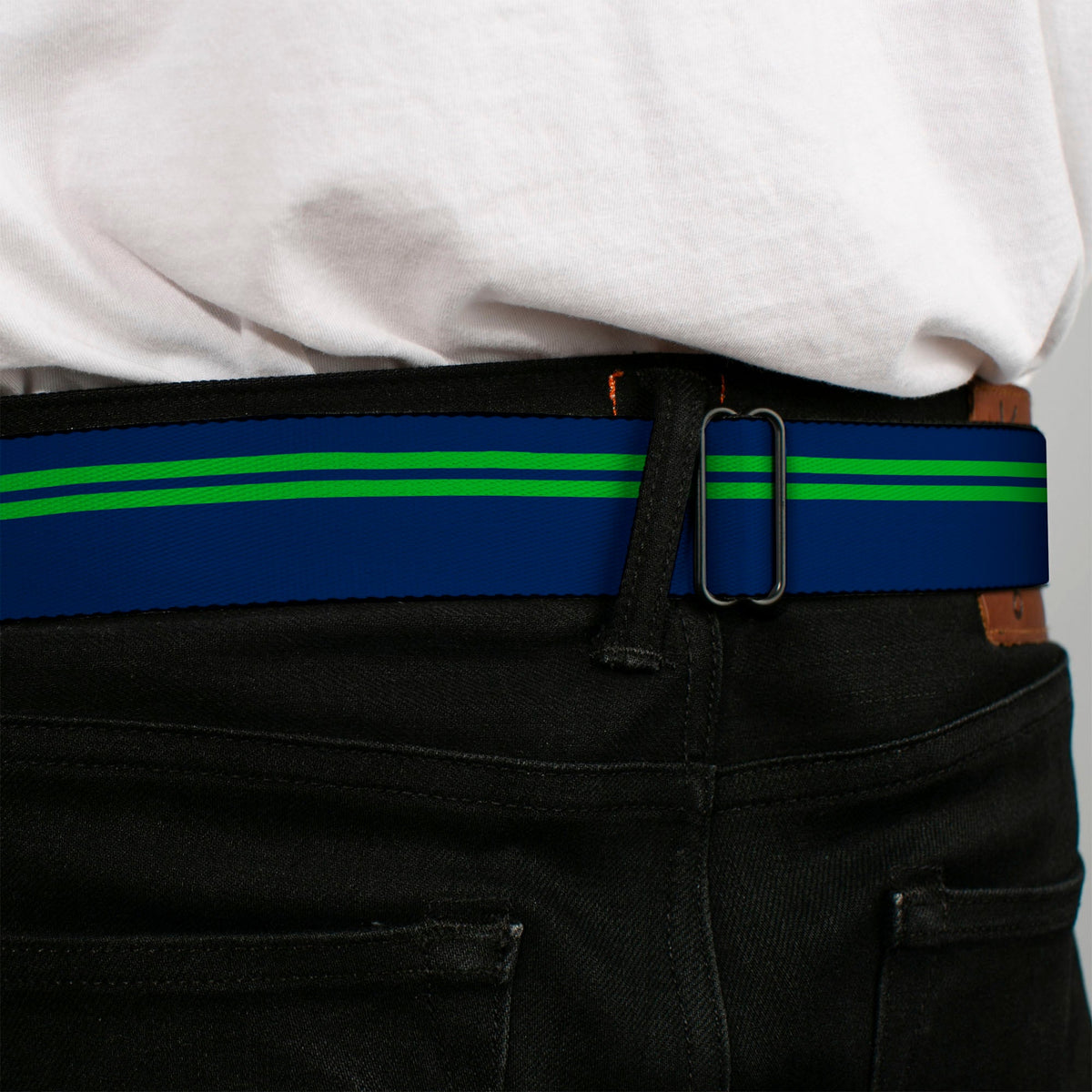 BD Wings Logo CLOSE-UP Full Color Black Silver Seatbelt Belt - Racing Stripe Navy/Bright Green Webbing