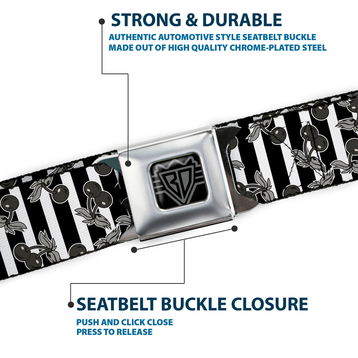 BD Wings Logo CLOSE-UP Full Color Black Silver Seatbelt Belt - Cherries Scattered/Vertical Stripe White/Black/Grays Webbing