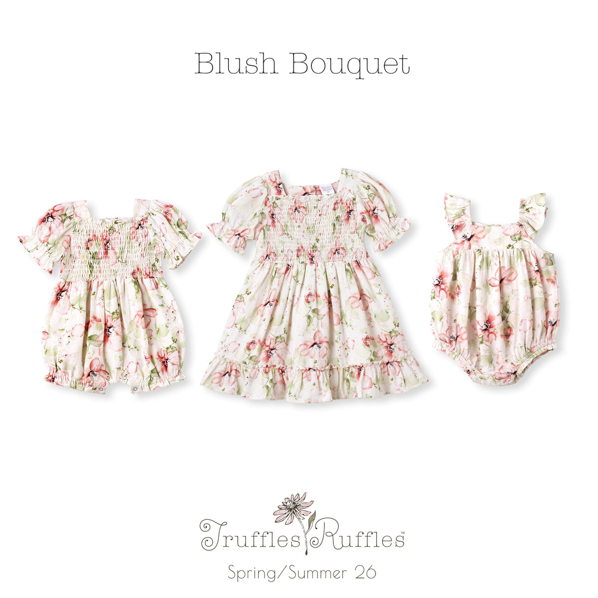 Blush Bouquet Smocked Bodice Puff Sleeve Dress - Shop Avnu