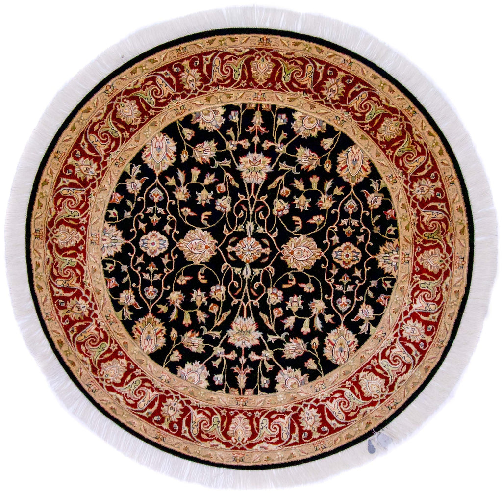 Indo-Tabriz Wool & Silk blk/dkred 4' round